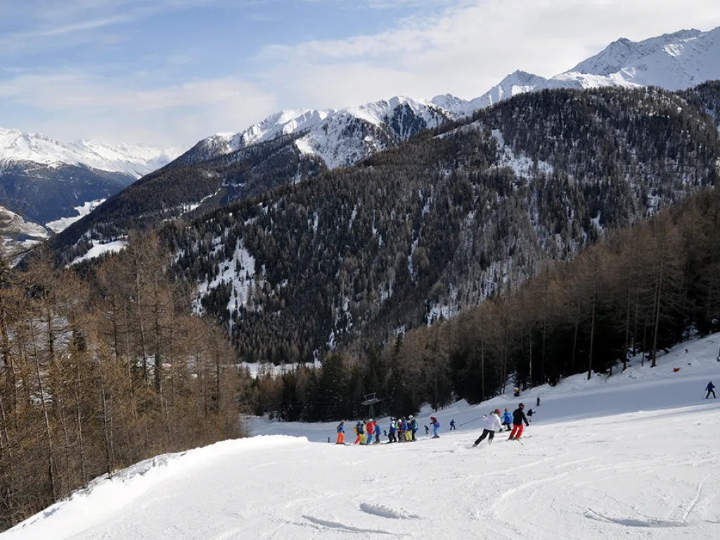 Weite Talansicht mit Piste und bewaldeten Hängen.